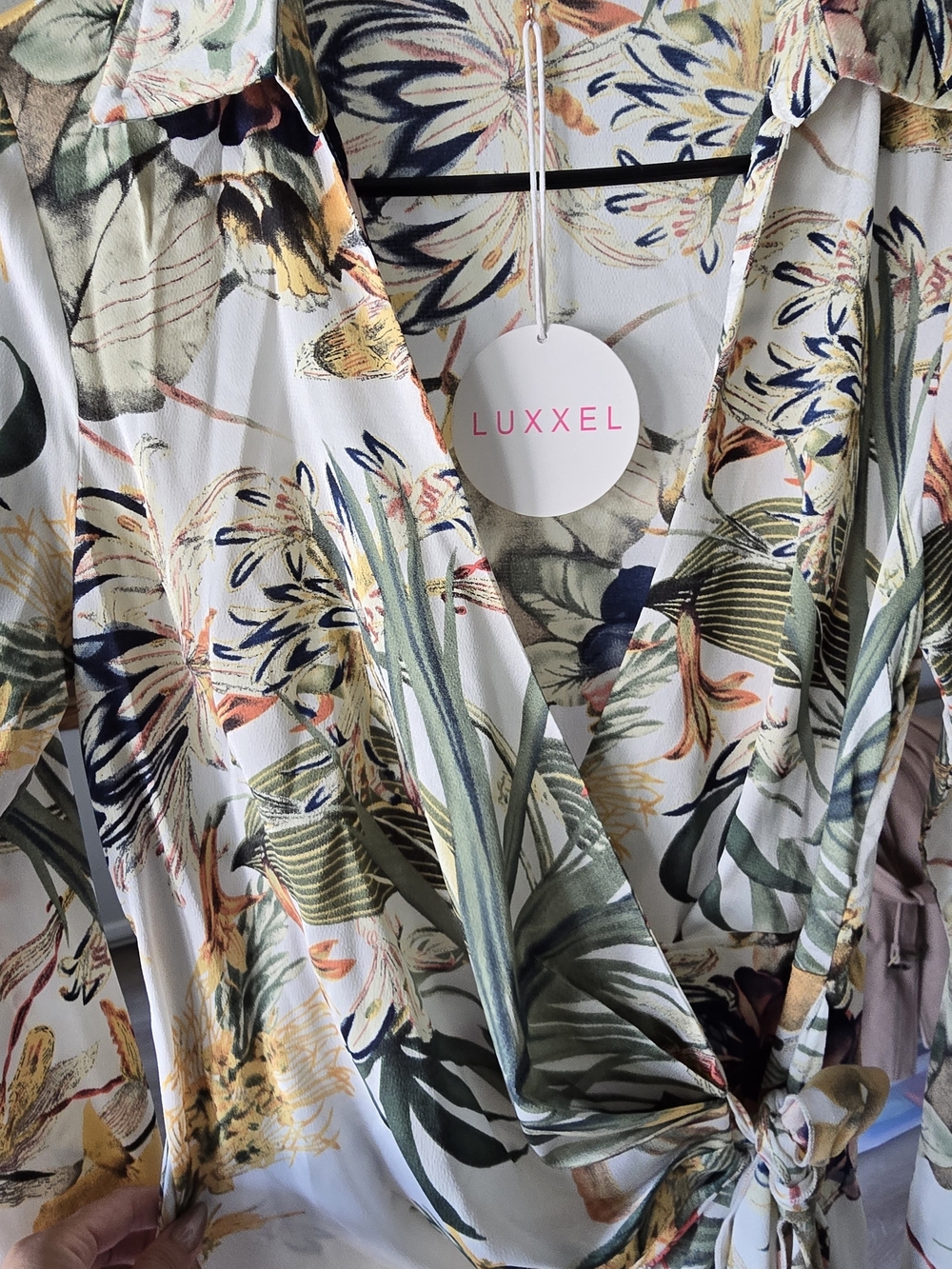 Luxxel Floral Wrap Dress in Cream with Green & Yellow Botanical Print - Picture 4 of 10